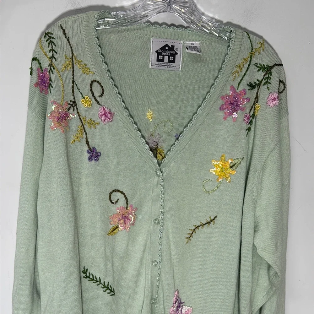 Storybook Knits Pastel Green Cardigan Floral Embroidery Sequins Plus Size 3X - Picture 4 of 12